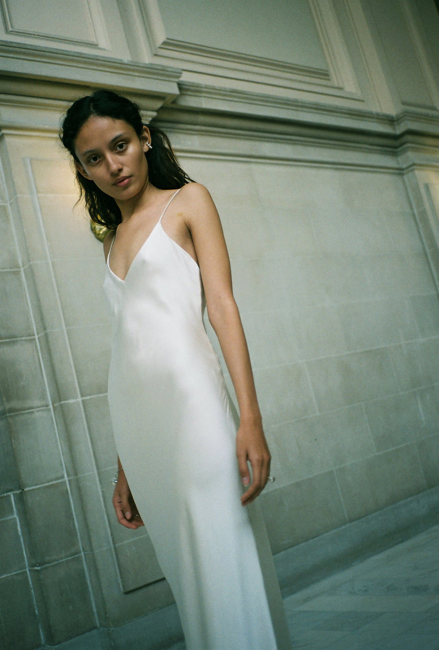 white silk slip dress